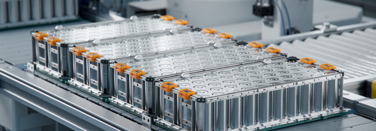 Lithium-ion High-voltage Battery Component for Electric Vehicle or Hybrid Car. Battery Module for Automotive Industry on Production Line. High Capacity Battery Production inside a Factory.